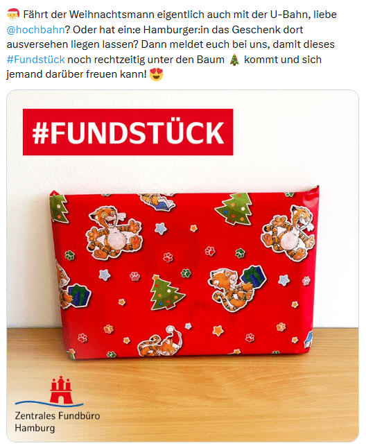 Post des Zentralen Fundbüros zu einem gefundenen Weihnachtsgeschenk