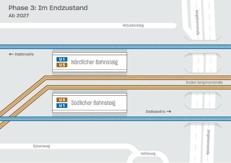 Die Grafik zeigt den Verlauf der U1 und der U5 nach Abschluss der Bauarbeiten.