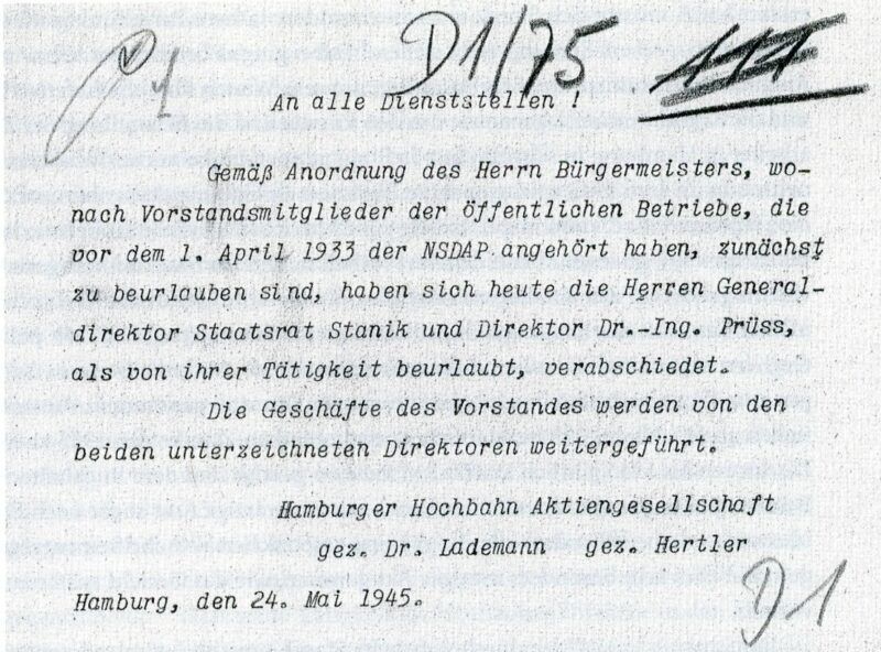 Offizielle Bekanntmachung des HOCHBAHN-Vorstands aus dem Mai 1945