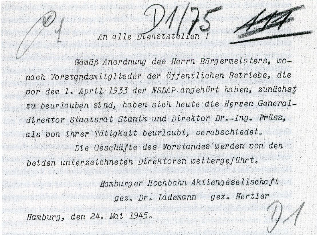 Offizielle Bekanntmachung des HOCHBAHN-Vorstands aus dem Mai 1945