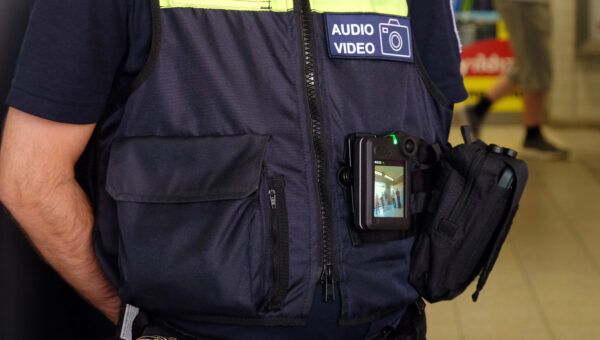 Nahaufnahme eines Hochbahn-Wache-Kollegen mit Bodycam