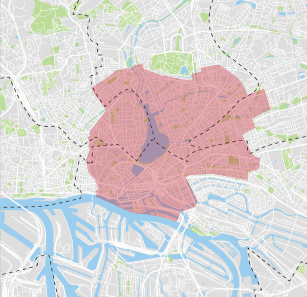 Eine Karte des HOLON-Bediengebietes rund um die Alster bis hoch zum Stadtpark.