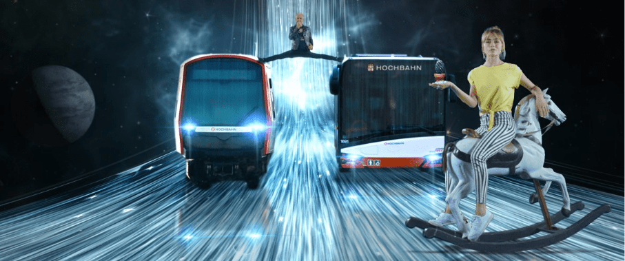 Ein KI-generiertes Bild zeigt ein futuristisches Hintergrundbild gepaart mit humoristischen Elementen.