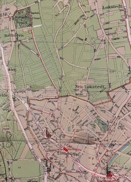 Stadtplan mit frühen Planungen zur U-Bahn nach Eimsbüttel, um 1912